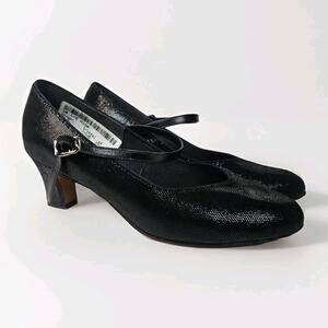 Vintage 90s Black Leather Glitter Mary Jane Round Toe Formal Dress Shoe 10.5 W